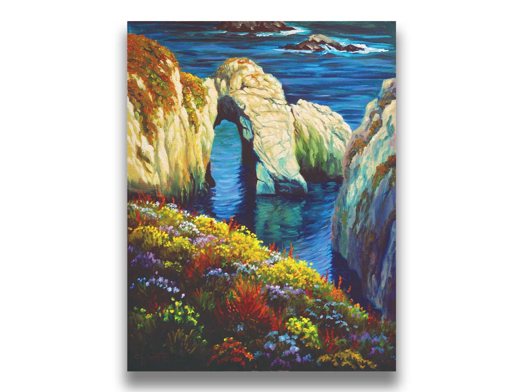 A painting from atop a flower-covered clif face overlooking the ocean at Point Lobos, California. Printed on canvas.