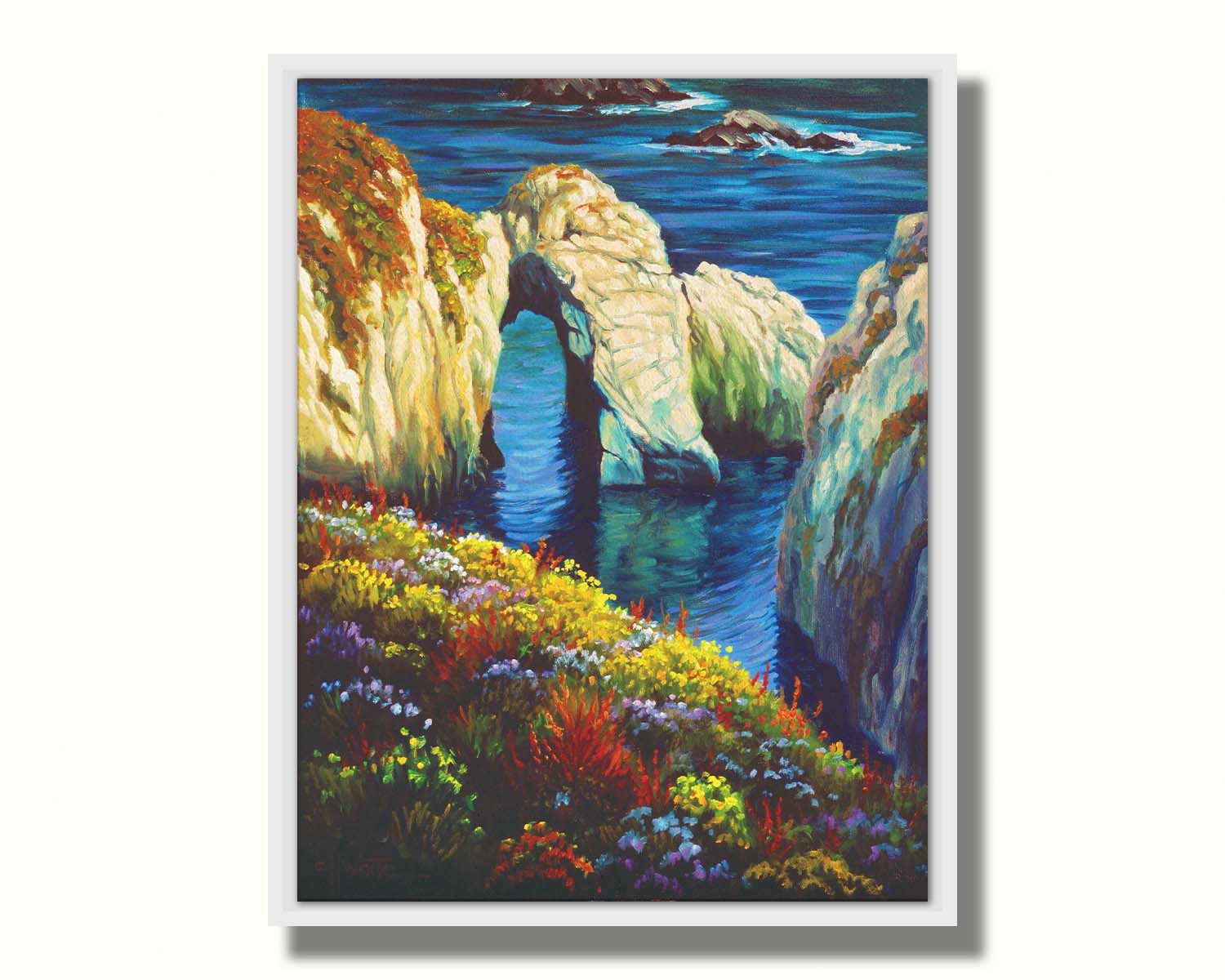 A painting from atop a flower-covered clif face overlooking the ocean at Point Lobos, California. Printed on canvas in a float frame.