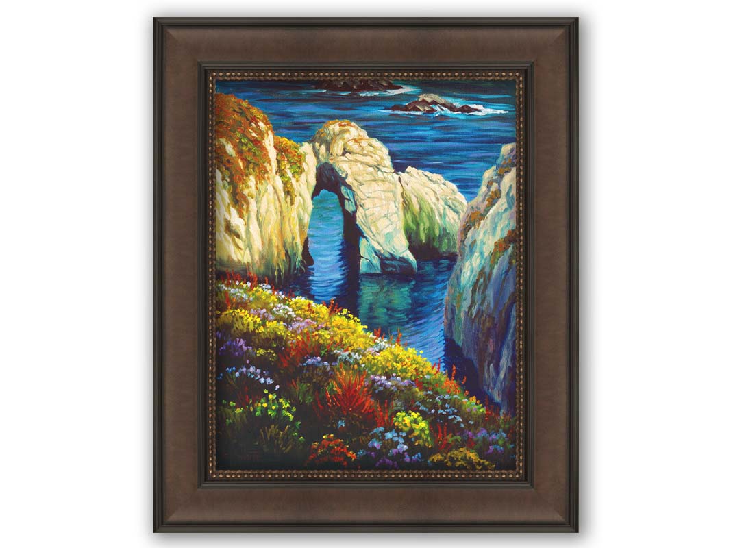 A painting from atop a flower-covered clif face overlooking the ocean at Point Lobos, California. Printed on canvas and framed.