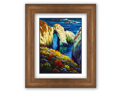 A painting from atop a flower-covered clif face overlooking the ocean at Point Lobos, California. Printed on paper, matted, and framed.