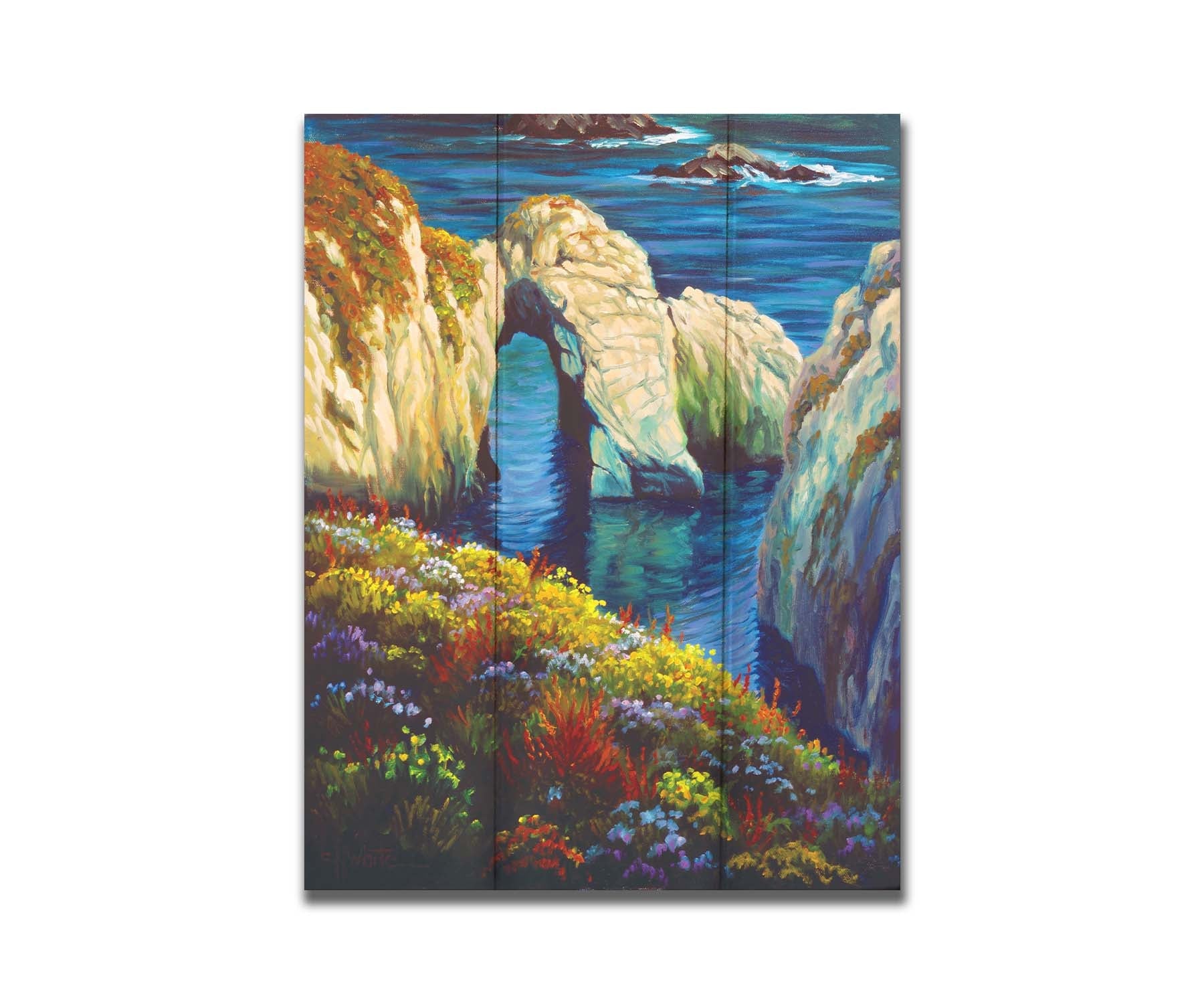 A painting from atop a flower-covered clif face overlooking the ocean at Point Lobos, California. Printed on a box board.