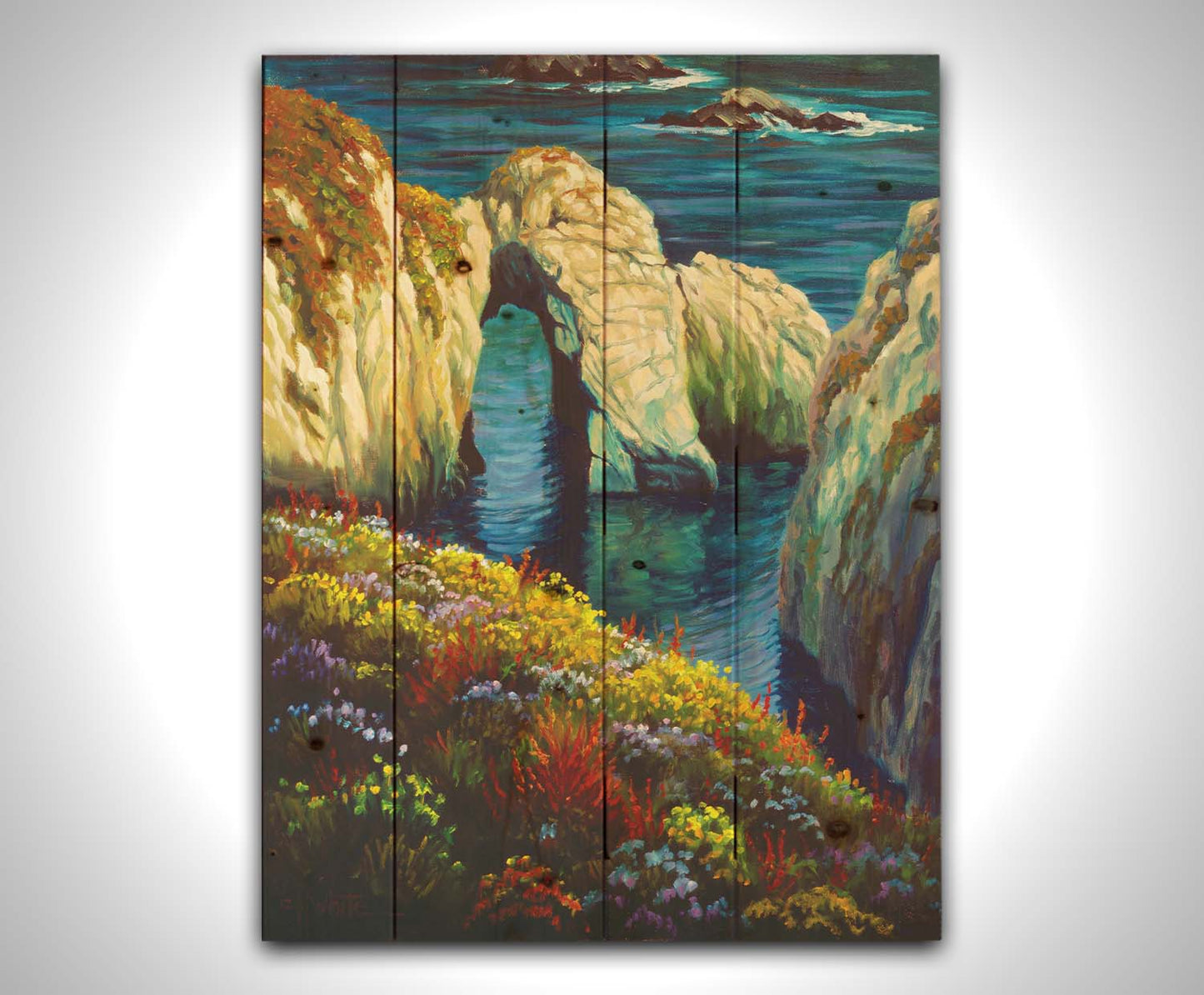 A painting from atop a flower-covered clif face overlooking the ocean at Point Lobos, California. Printed on a wood pallet.