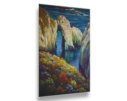 A painting from atop a flower-covered clif face overlooking the ocean at Point Lobos, California. Printed on metal.