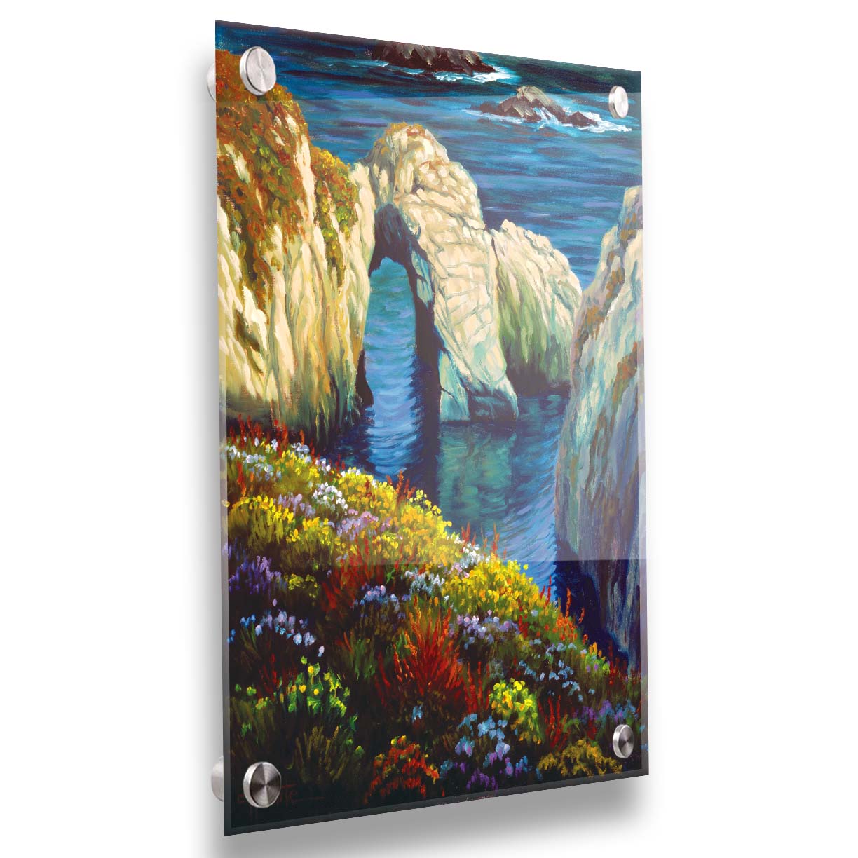 A painting from atop a flower-covered clif face overlooking the ocean at Point Lobos, California. Printed on acrylic.