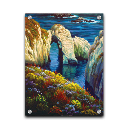 A painting from atop a flower-covered clif face overlooking the ocean at Point Lobos, California. Printed on acrylic.