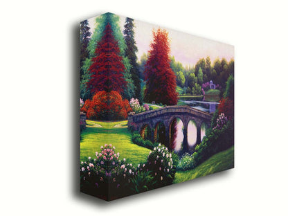 A landscape painting of a lake scene. A stone bridge in the foreground is surrounded by bushes of pink and red flowers, as well as green and red trees. Printed on canvas.