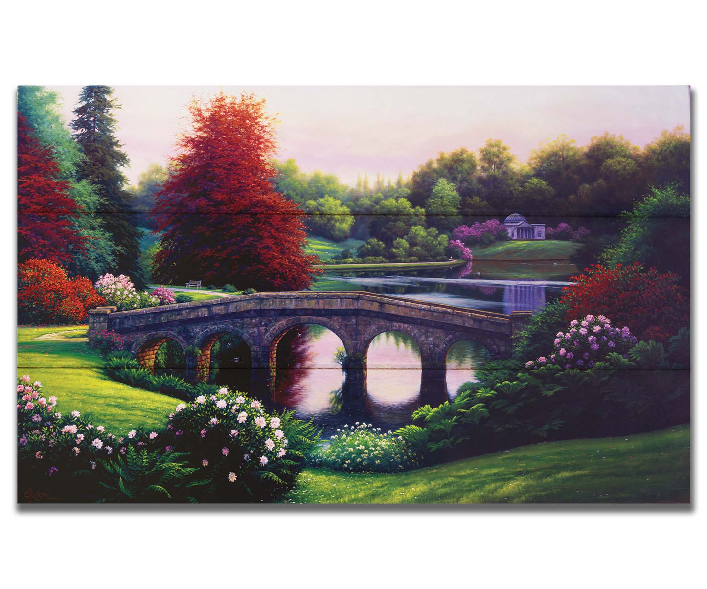 A landscape painting of a lake scene. A stone bridge in the foreground is surrounded by bushes of pink and red flowers, as well as green and red trees. Printed on a box board.