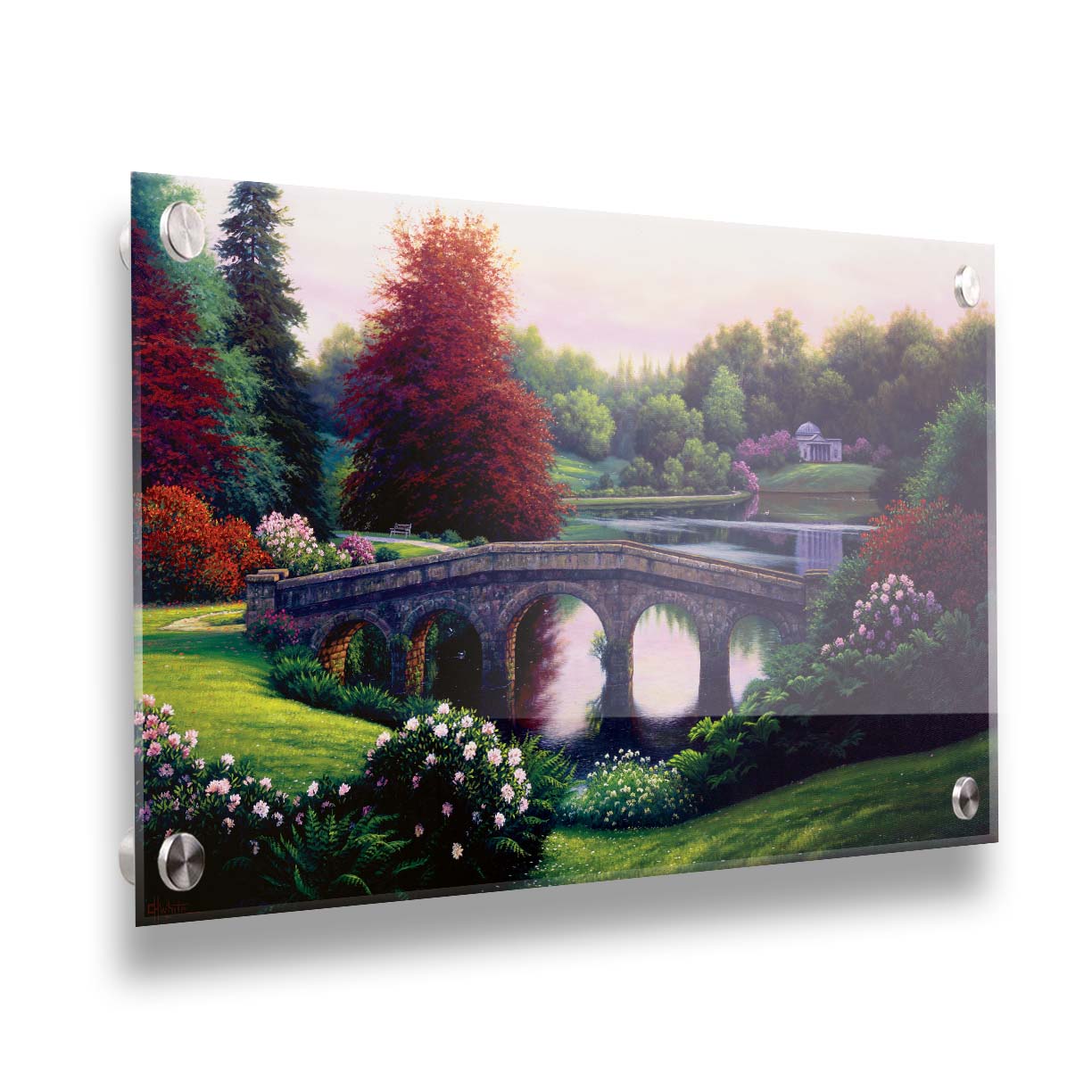 A landscape painting of a lake scene. A stone bridge in the foreground is surrounded by bushes of pink and red flowers, as well as green and red trees. Printed on acrylic.