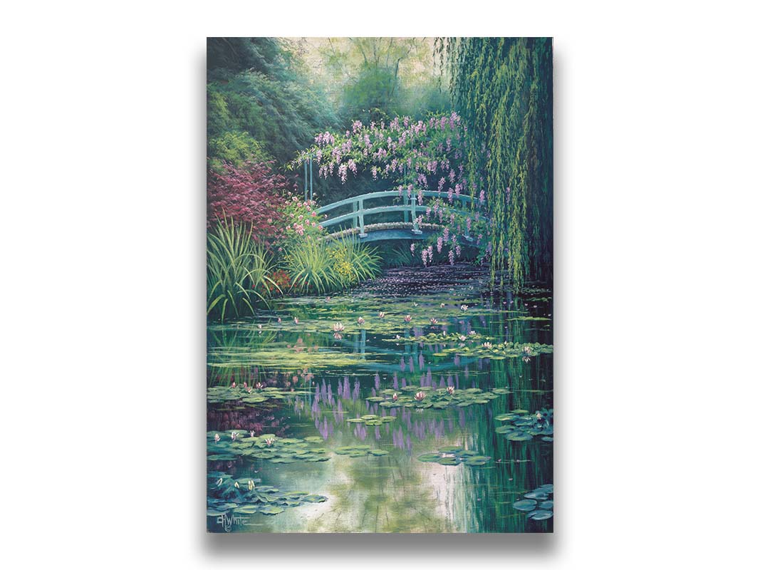 A painting of a pond garden covered in flowering water lilies, and surrounded by grasses, willows, and flowering pink plants. Printed on canvas.