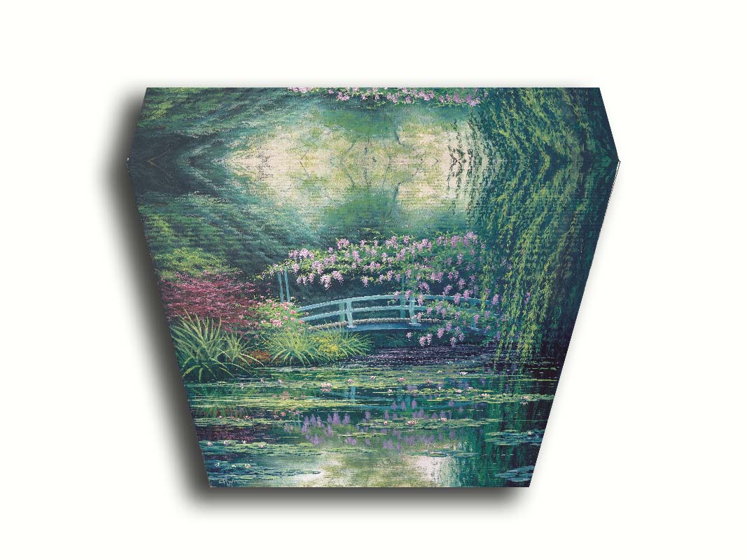 A painting of a pond garden covered in flowering water lilies, and surrounded by grasses, willows, and flowering pink plants. Printed on canvas.