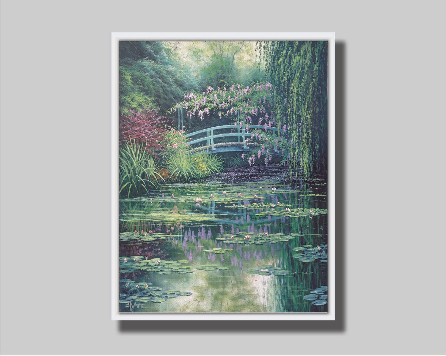 A painting of a pond garden covered in flowering water lilies, and surrounded by grasses, willows, and flowering pink plants. Printed on canvas in a float frame.