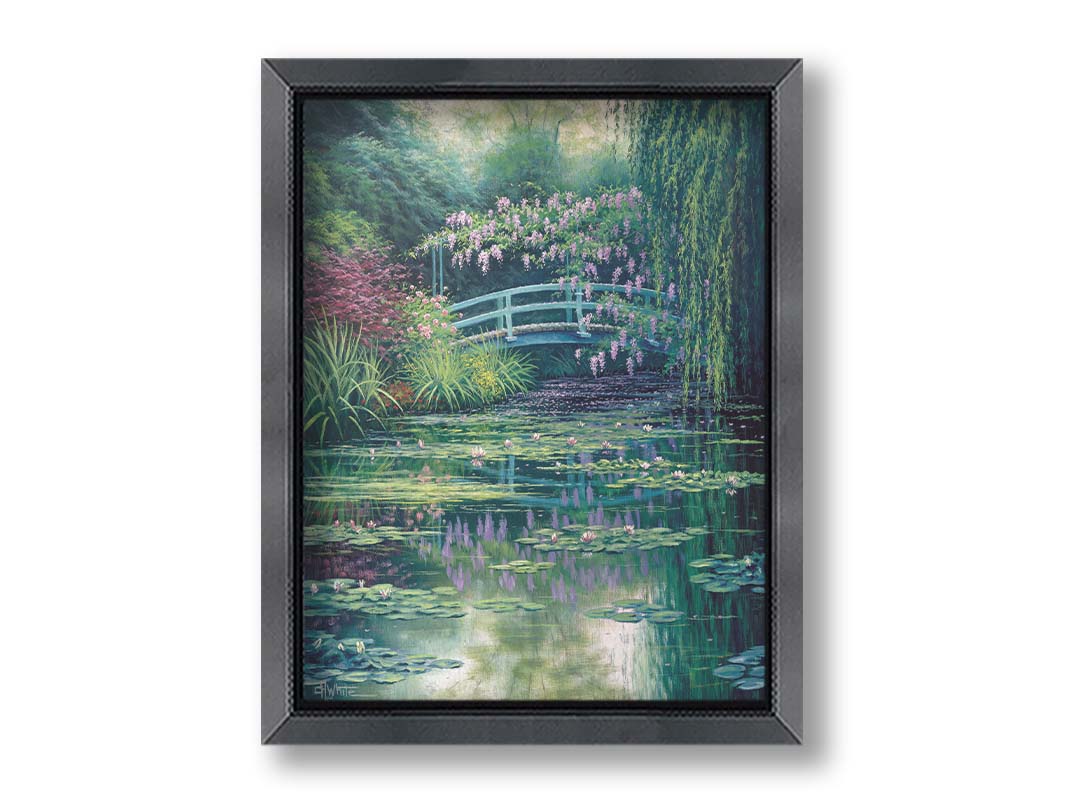 A painting of a pond garden covered in flowering water lilies, and surrounded by grasses, willows, and flowering pink plants. Printed on canvas and framed.