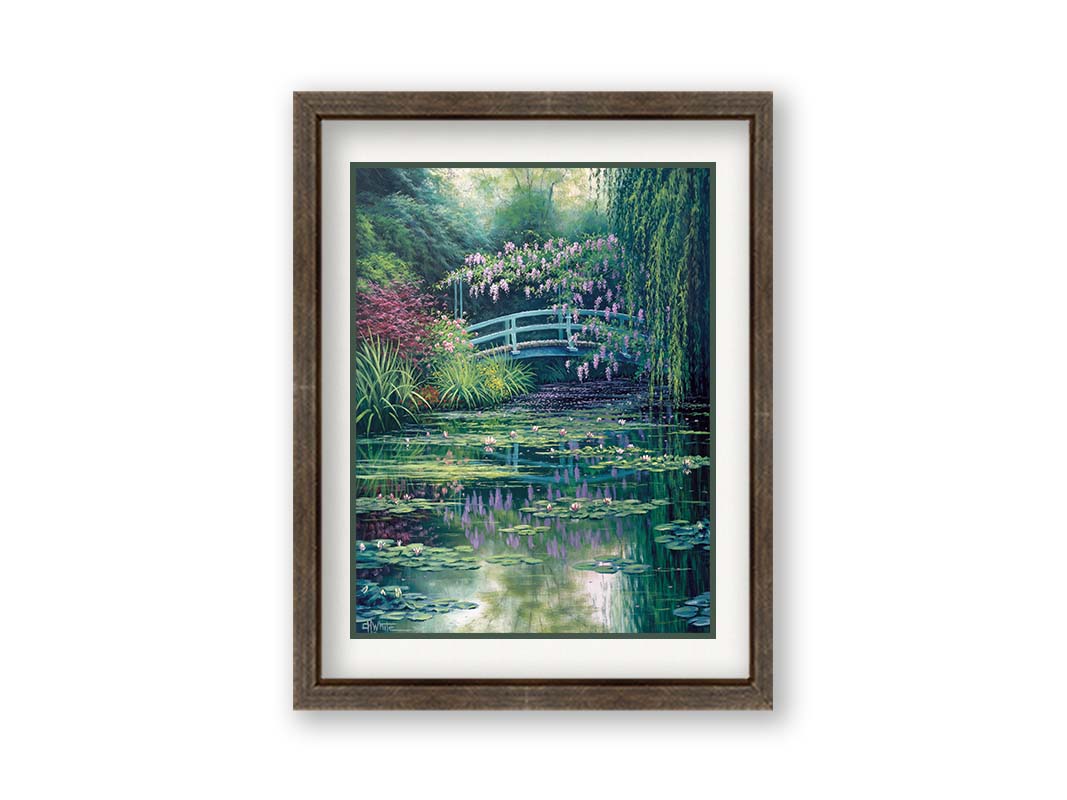 A painting of a pond garden covered in flowering water lilies, and surrounded by grasses, willows, and flowering pink plants. Printed on paper, matted, and framed.