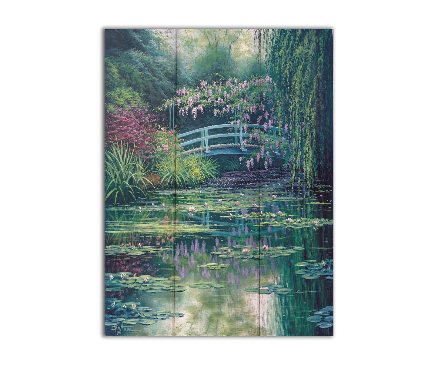 A painting of a pond garden covered in flowering water lilies, and surrounded by grasses, willows, and flowering pink plants. Printed on a box board.