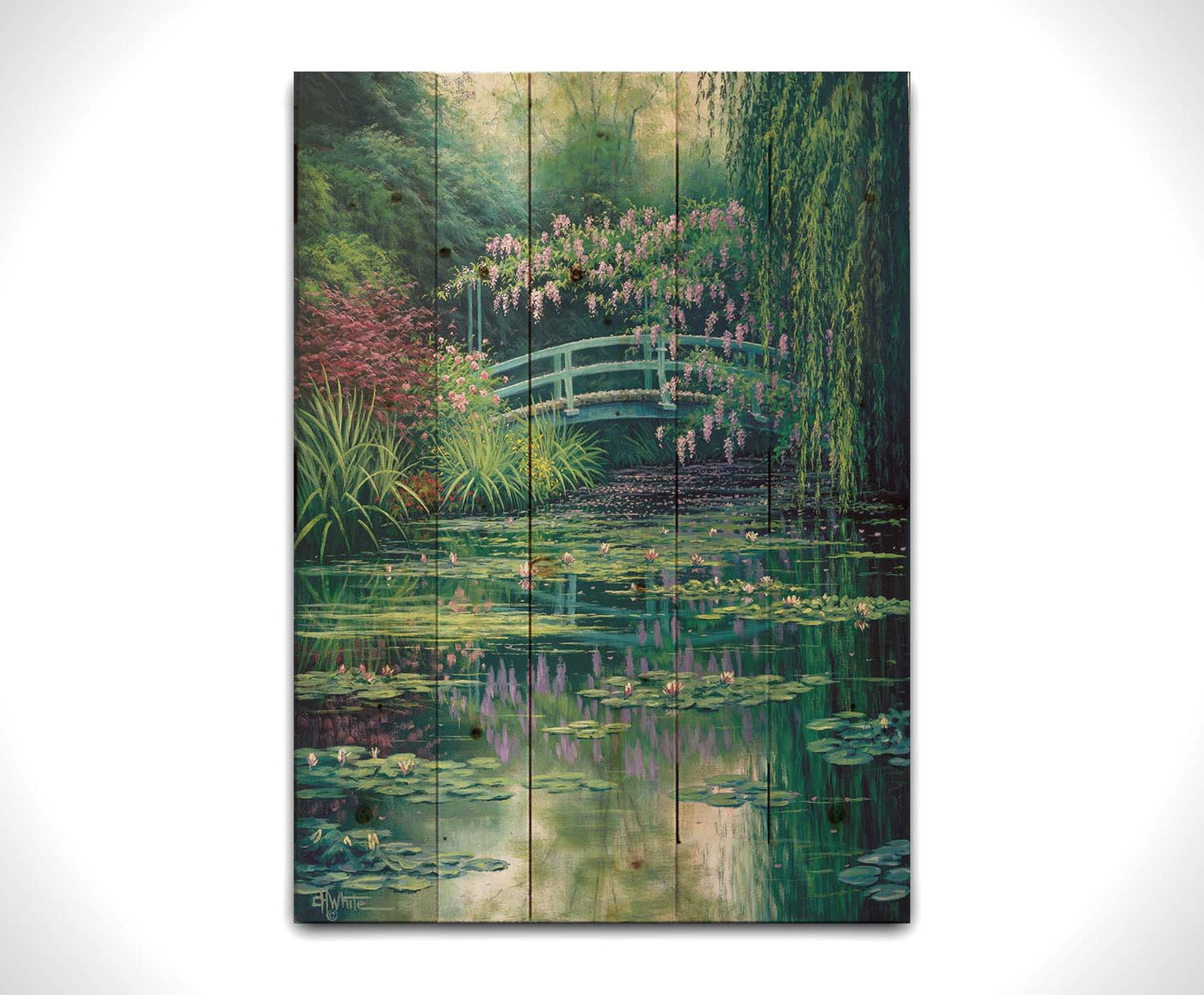 A painting of a pond garden covered in flowering water lilies, and surrounded by grasses, willows, and flowering pink plants. Printed on a wood pallet.