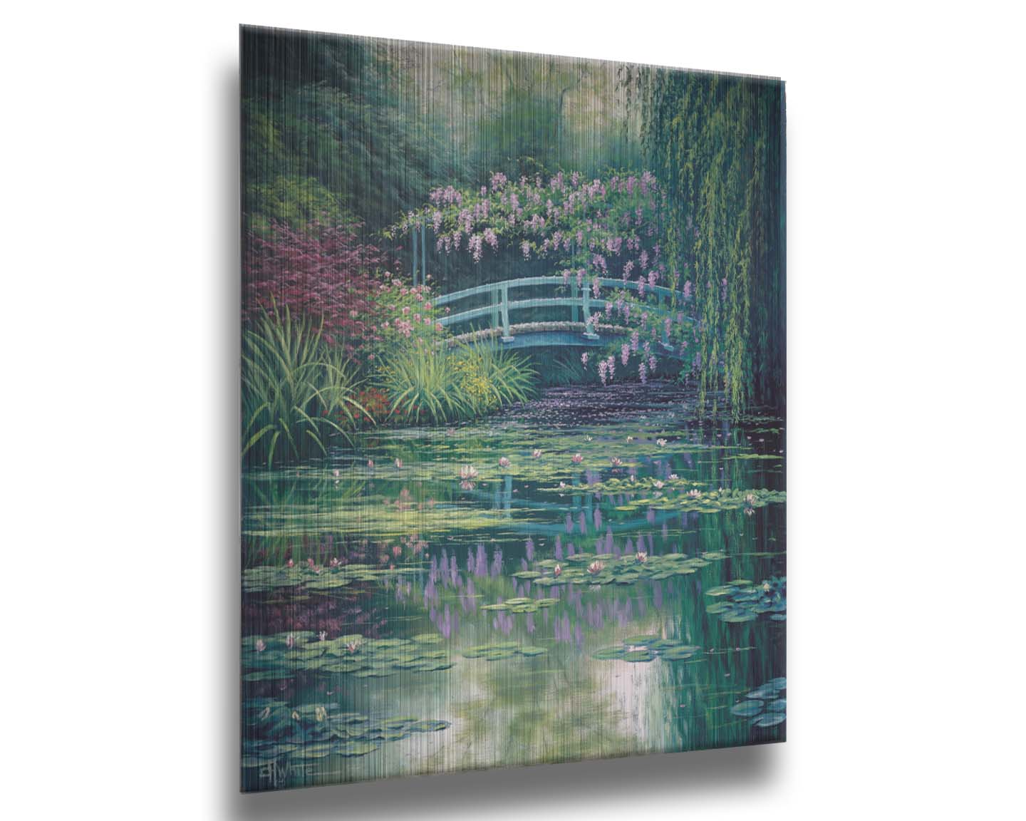 A painting of a pond garden covered in flowering water lilies, and surrounded by grasses, willows, and flowering pink plants. Printed on metal.