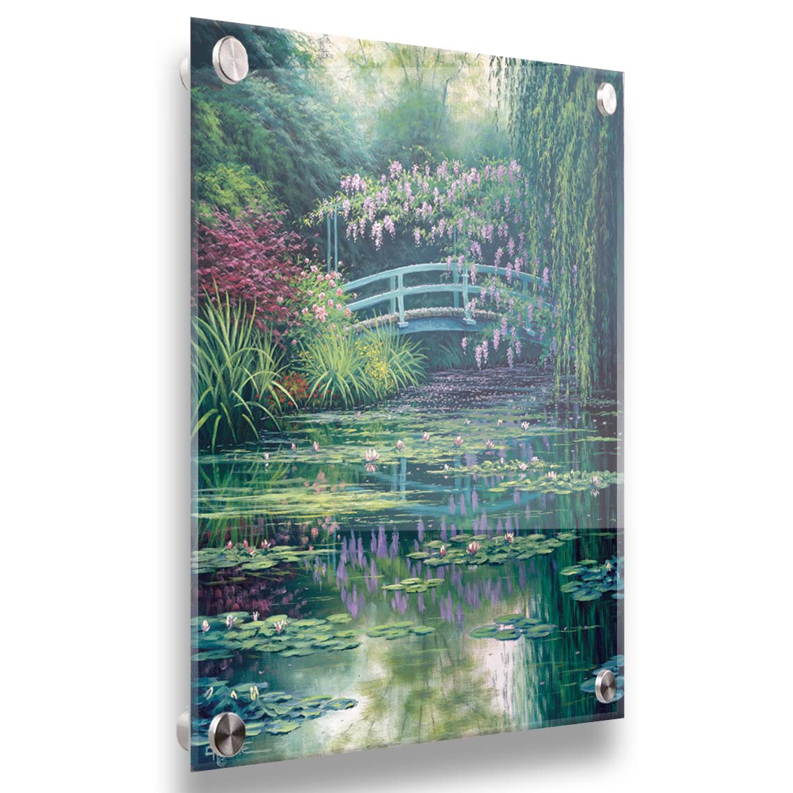 A painting of a pond garden covered in flowering water lilies, and surrounded by grasses, willows, and flowering pink plants. Printed on acrylic.