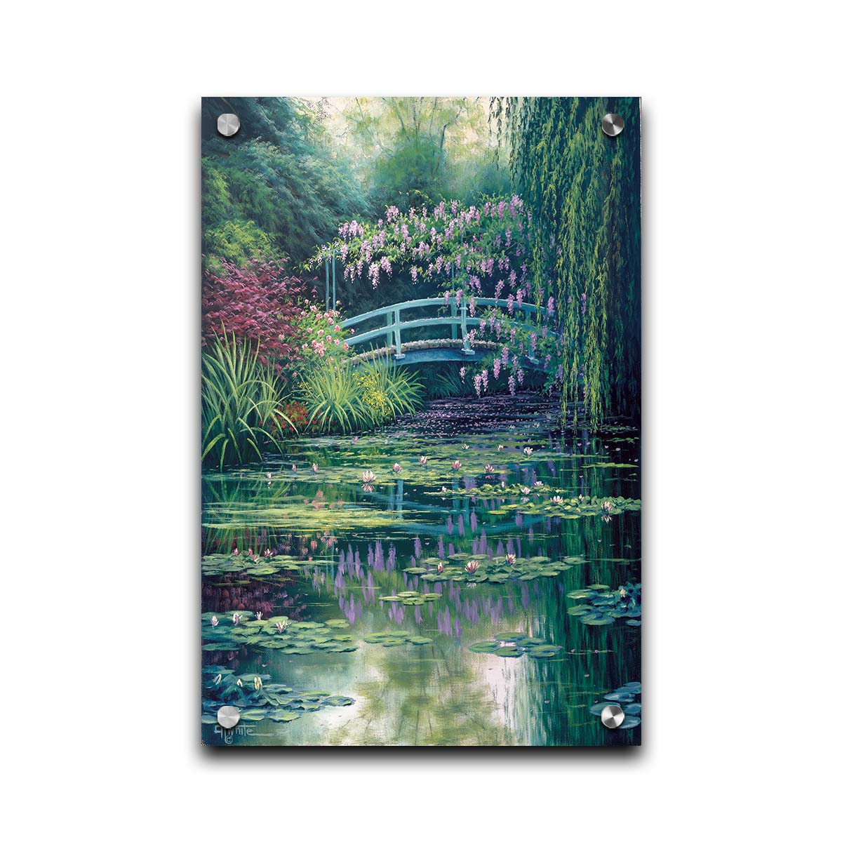 A painting of a pond garden covered in flowering water lilies, and surrounded by grasses, willows, and flowering pink plants. Printed on acrylic.