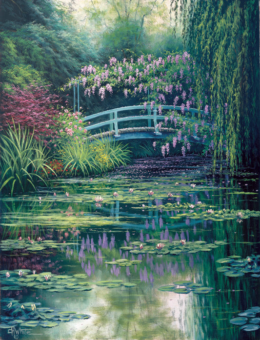 A painting of a pond garden covered in flowering water lilies, and surrounded by grasses, willows, and flowering pink plants.