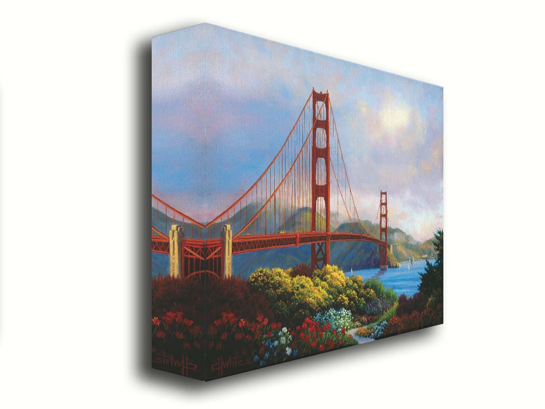 A painting of San Fransisco's Golden Gate Bridge, as viewed from Vista Point. Flowers bloom along the path in the foreground, and Lime Point and the Needles rock formation can be seen in the distance. Sail boats float on the water. Printed on canvas.