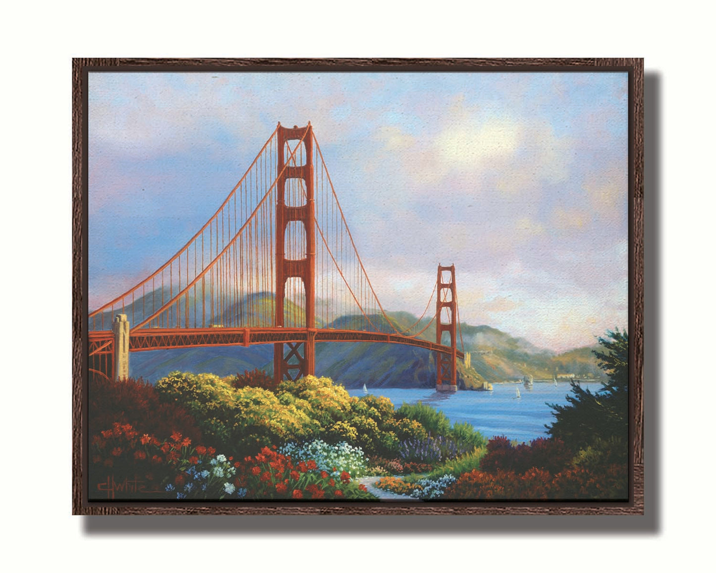 A painting of San Fransisco's Golden Gate Bridge, as viewed from Vista Point. Flowers bloom along the path in the foreground, and Lime Point and the Needles rock formation can be seen in the distance. Sail boats float on the water. Printed on canvas in a float frame.