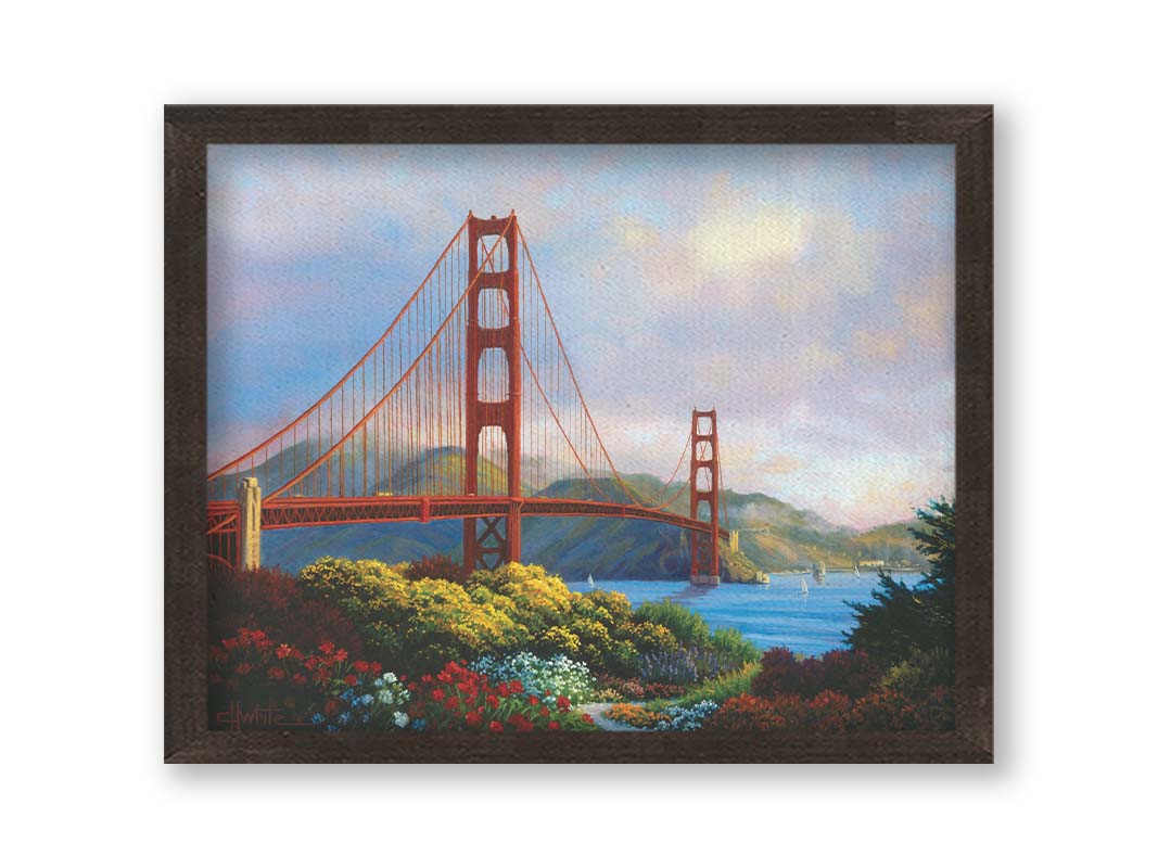 A painting of San Fransisco's Golden Gate Bridge, as viewed from Vista Point. Flowers bloom along the path in the foreground, and Lime Point and the Needles rock formation can be seen in the distance. Sail boats float on the water. Printed on canvas and framed.