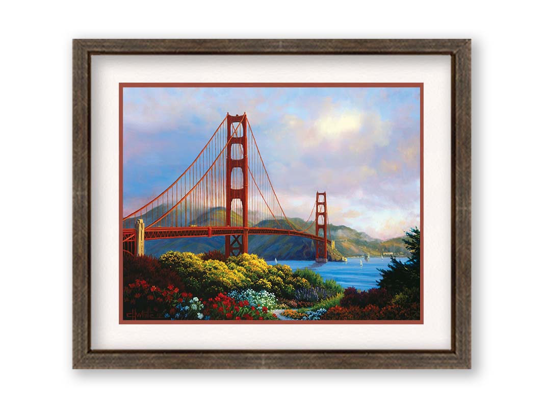 A painting of San Fransisco's Golden Gate Bridge, as viewed from Vista Point. Flowers bloom along the path in the foreground, and Lime Point and the Needles rock formation can be seen in the distance. Sail boats float on the water. Printed on paper, matted, and framed.