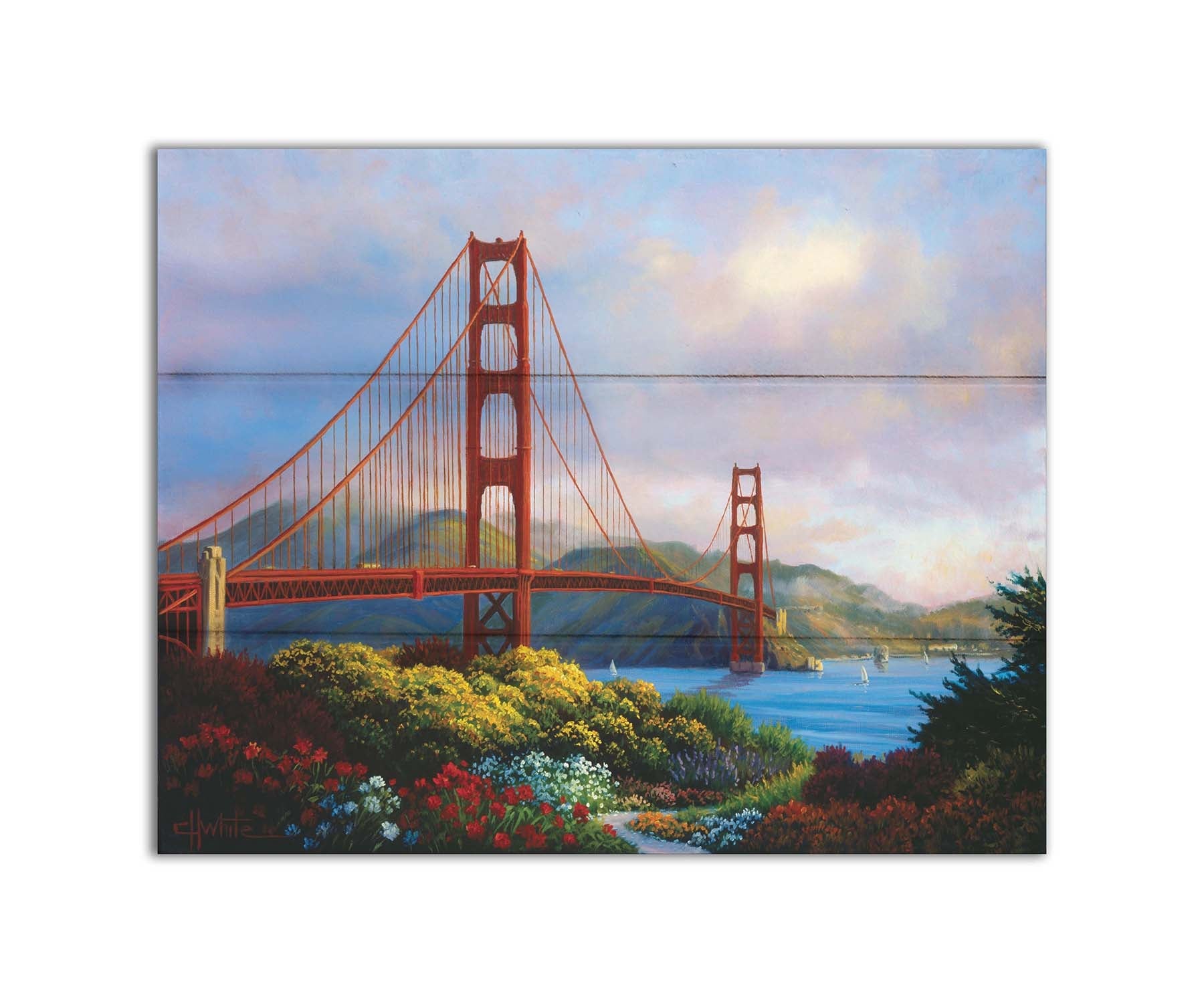 A painting of San Fransisco's Golden Gate Bridge, as viewed from Vista Point. Flowers bloom along the path in the foreground, and Lime Point and the Needles rock formation can be seen in the distance. Sail boats float on the water. Printed on a box board.