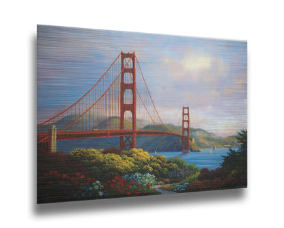 A painting of San Fransisco's Golden Gate Bridge, as viewed from Vista Point. Flowers bloom along the path in the foreground, and Lime Point and the Needles rock formation can be seen in the distance. Sail boats float on the water. Printed on metal.