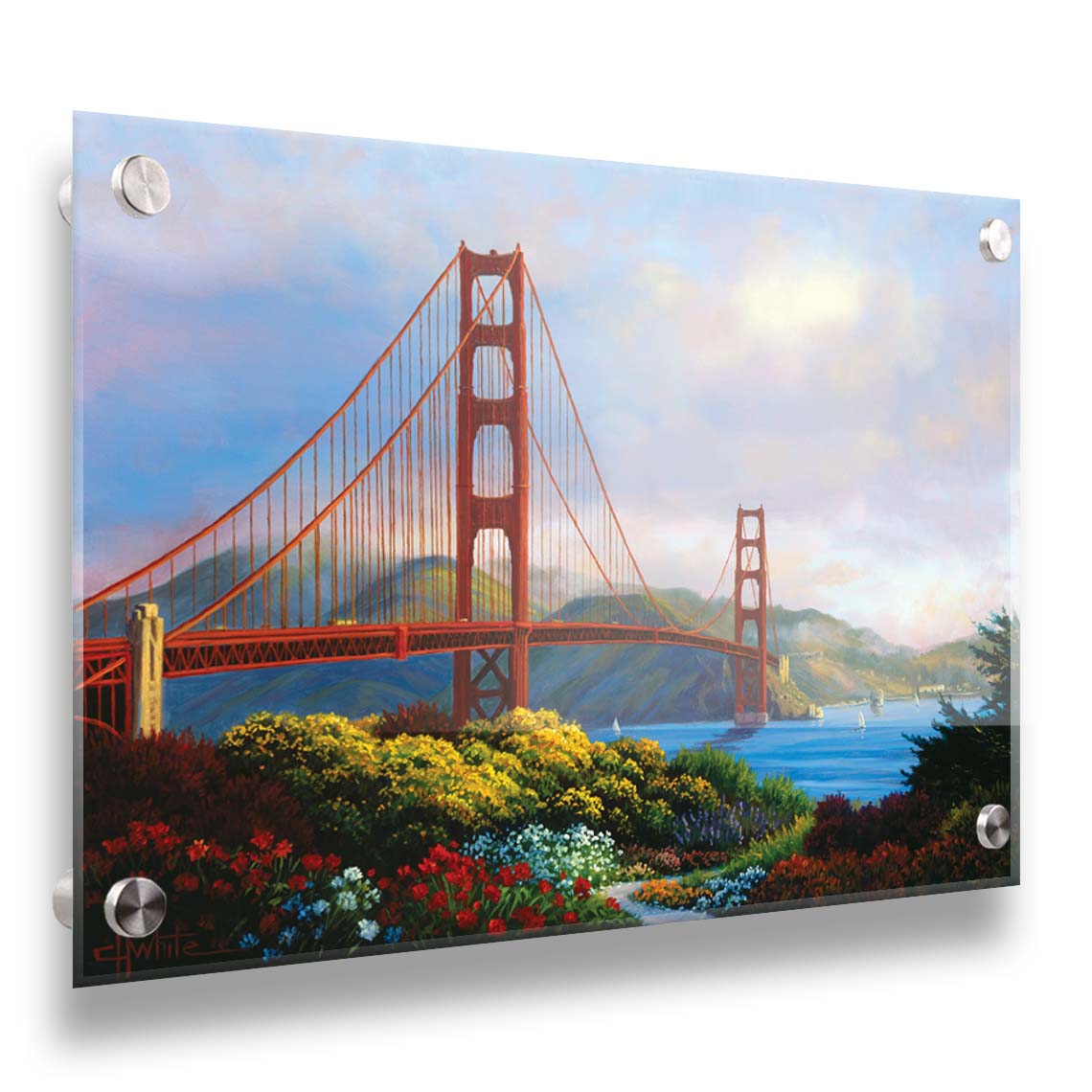 A painting of San Fransisco's Golden Gate Bridge, as viewed from Vista Point. Flowers bloom along the path in the foreground, and Lime Point and the Needles rock formation can be seen in the distance. Sail boats float on the water. Printed on acrylic.