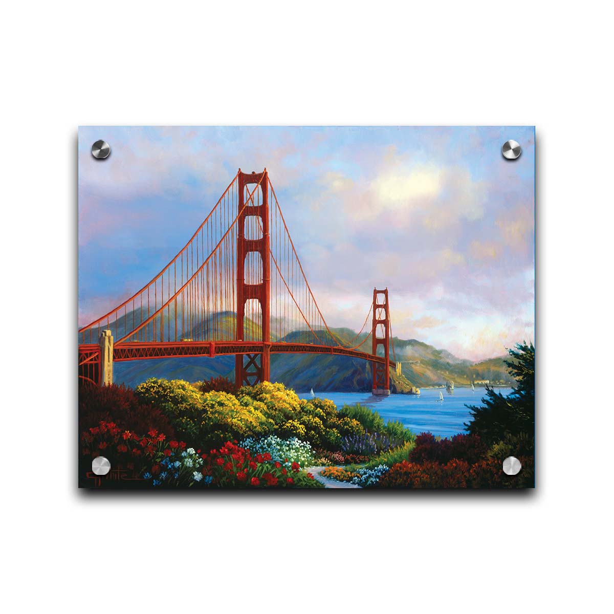 A painting of San Fransisco's Golden Gate Bridge, as viewed from Vista Point. Flowers bloom along the path in the foreground, and Lime Point and the Needles rock formation can be seen in the distance. Sail boats float on the water. Printed on acrylic.