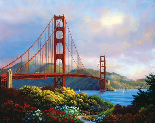 A painting of San Fransisco's Golden Gate Bridge, as viewed from Vista Point. Flowers bloom along the path in the foreground, and Lime Point and the Needles rock formation can be seen in the distance. Sail boats float on the water.