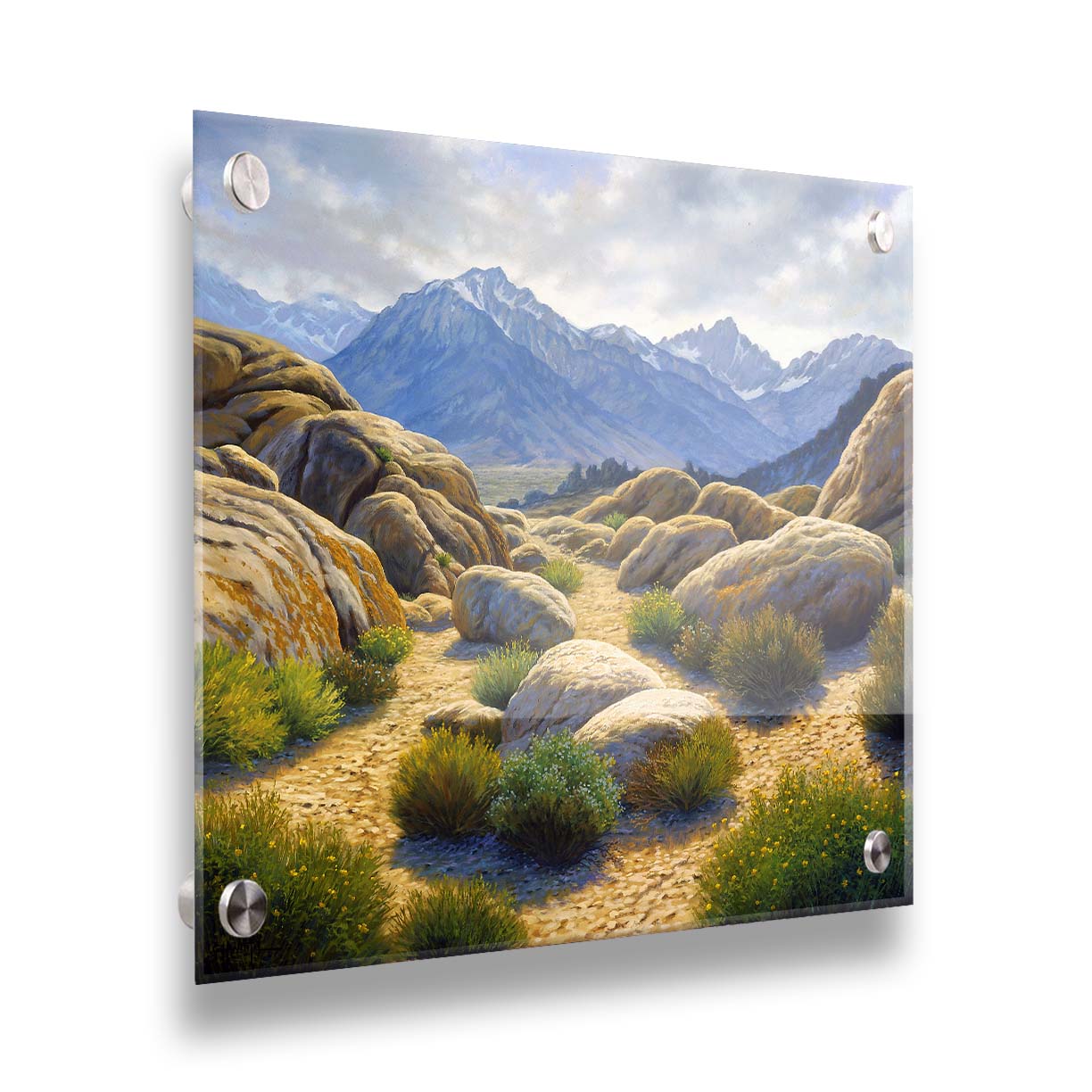 A landscape painting of Mount Whitney as seen from Lone Pine Lake, California. The highly detailed environment of tan stones directs the view to the distant mountains, tinted blue by the atmosphere. Printed on acrylic.