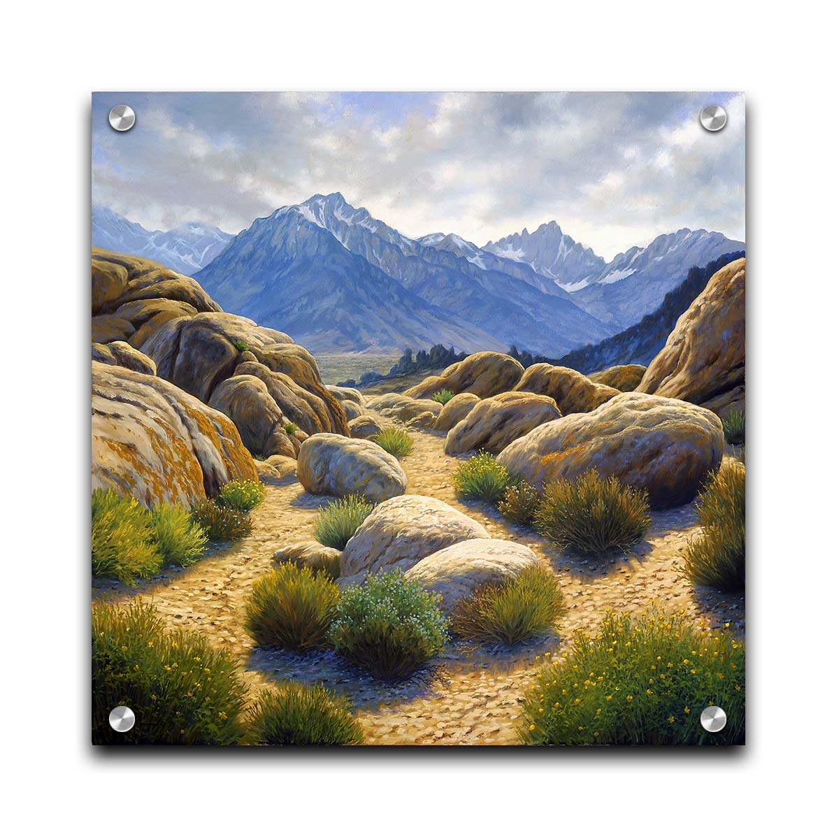 A landscape painting of Mount Whitney as seen from Lone Pine Lake, California. The highly detailed environment of tan stones directs the view to the distant mountains, tinted blue by the atmosphere. Printed on acrylic.