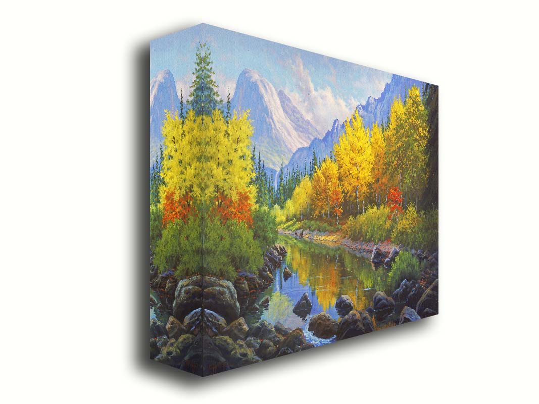 A painting of a forest in the mountains, with a stream running through it. The warm tones of the tree leaves are contrasted by the cool colors of the evergreens and blue mountains. Printed on canvas.