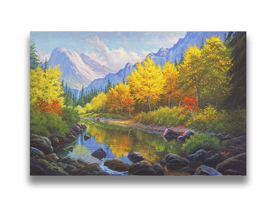 A painting of a forest in the mountains, with a stream running through it. The warm tones of the tree leaves are contrasted by the cool colors of the evergreens and blue mountains. Printed on canvas.