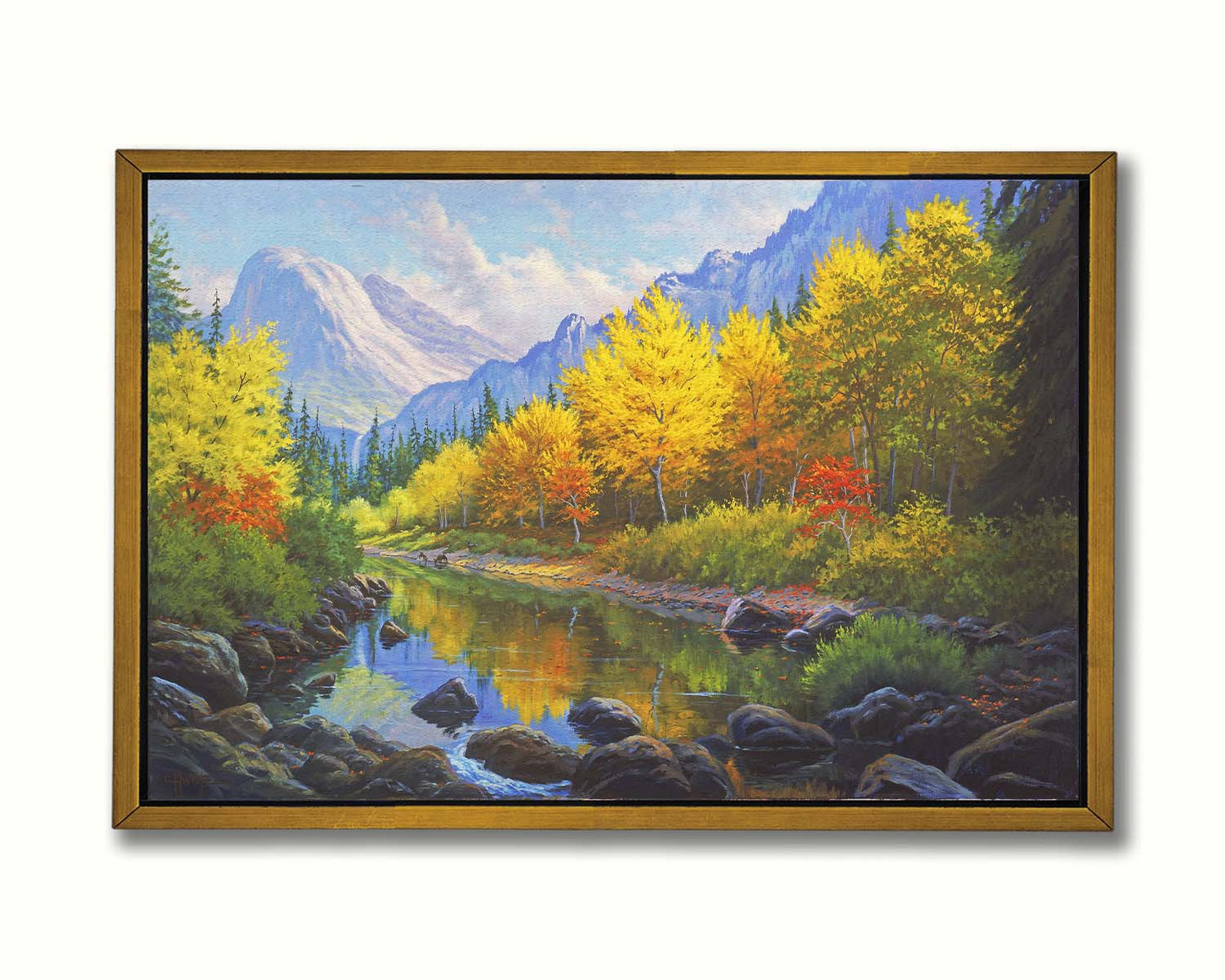 A painting of a forest in the mountains, with a stream running through it. The warm tones of the tree leaves are contrasted by the cool colors of the evergreens and blue mountains. Printed on canvas in a float frame.