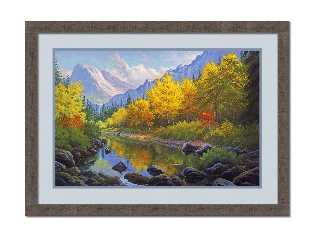 A painting of a forest in the mountains, with a stream running through it. The warm tones of the tree leaves are contrasted by the cool colors of the evergreens and blue mountains. Printed on paper, matted, and framed.