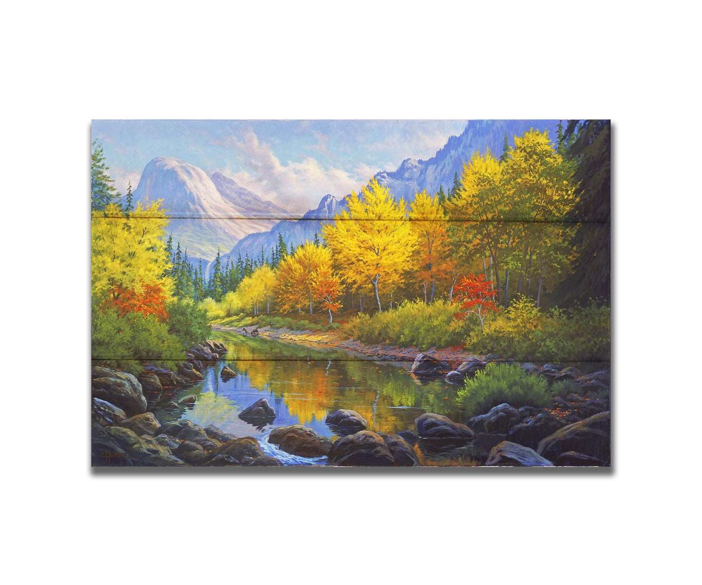 A painting of a forest in the mountains, with a stream running through it. The warm tones of the tree leaves are contrasted by the cool colors of the evergreens and blue mountains. Printed on a box board.