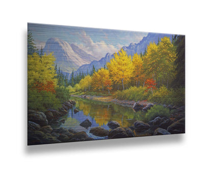 A painting of a forest in the mountains, with a stream running through it. The warm tones of the tree leaves are contrasted by the cool colors of the evergreens and blue mountains. Printed on metal.