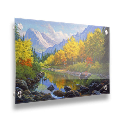 A painting of a forest in the mountains, with a stream running through it. The warm tones of the tree leaves are contrasted by the cool colors of the evergreens and blue mountains. Printed on acrylic.