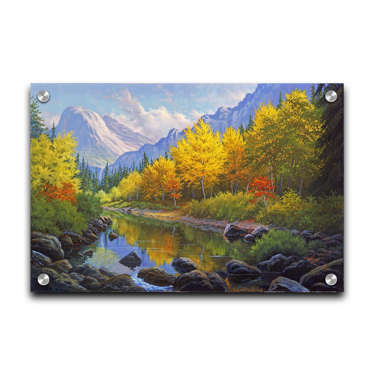 A painting of a forest in the mountains, with a stream running through it. The warm tones of the tree leaves are contrasted by the cool colors of the evergreens and blue mountains. Printed on acrylic.