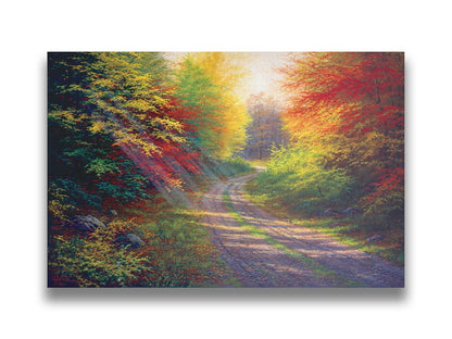 A landscape painting of a gravel road winding thorugh an autumn forest with a mix of vibrant red, yellow, and green leaves. Printed on canvas.