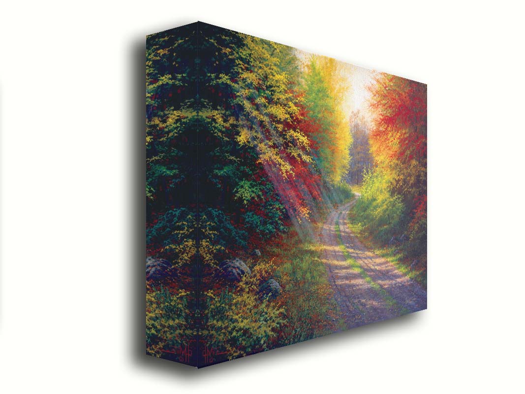 A landscape painting of a gravel road winding thorugh an autumn forest with a mix of vibrant red, yellow, and green leaves. Printed on canvas.