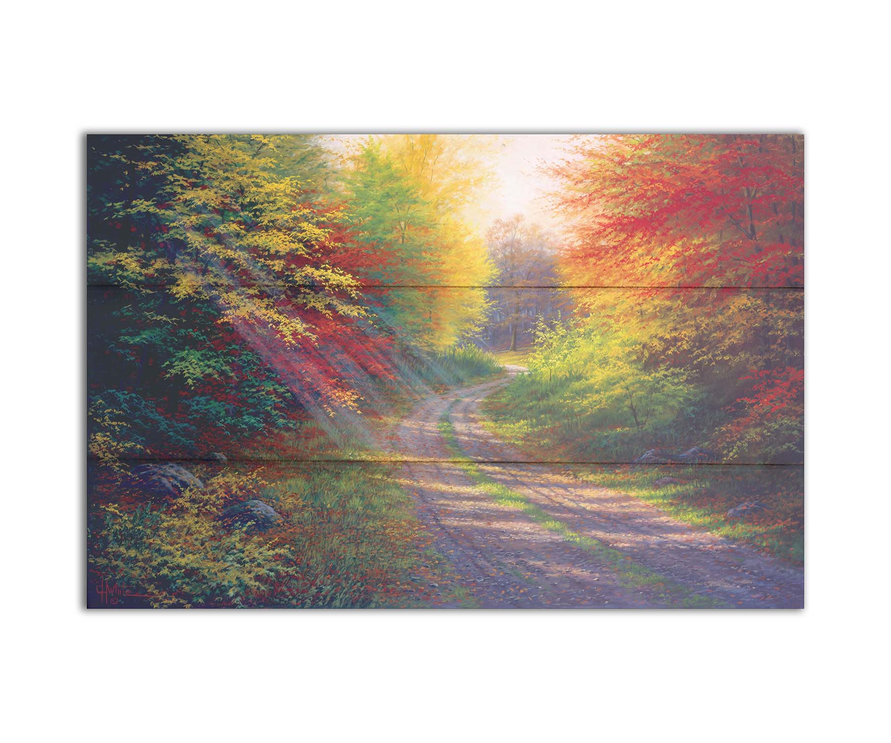 A landscape painting of a gravel road winding thorugh an autumn forest with a mix of vibrant red, yellow, and green leaves. Printed on a box board.