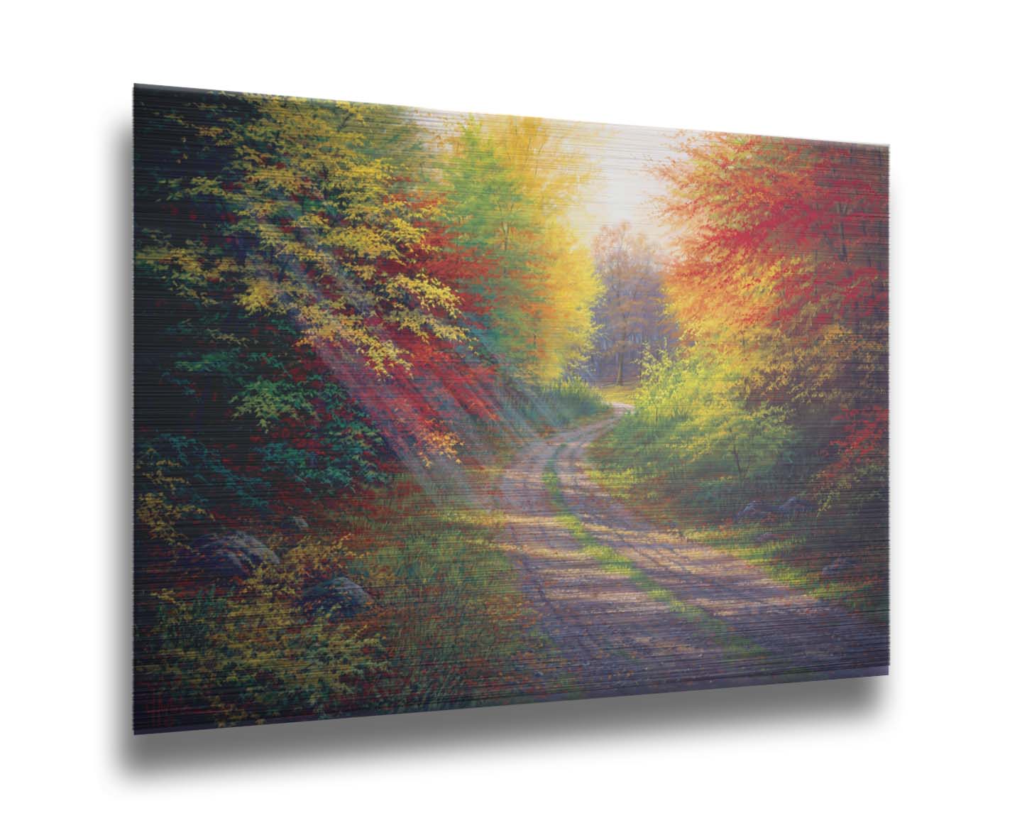 A landscape painting of a gravel road winding thorugh an autumn forest with a mix of vibrant red, yellow, and green leaves. Printed on metal.