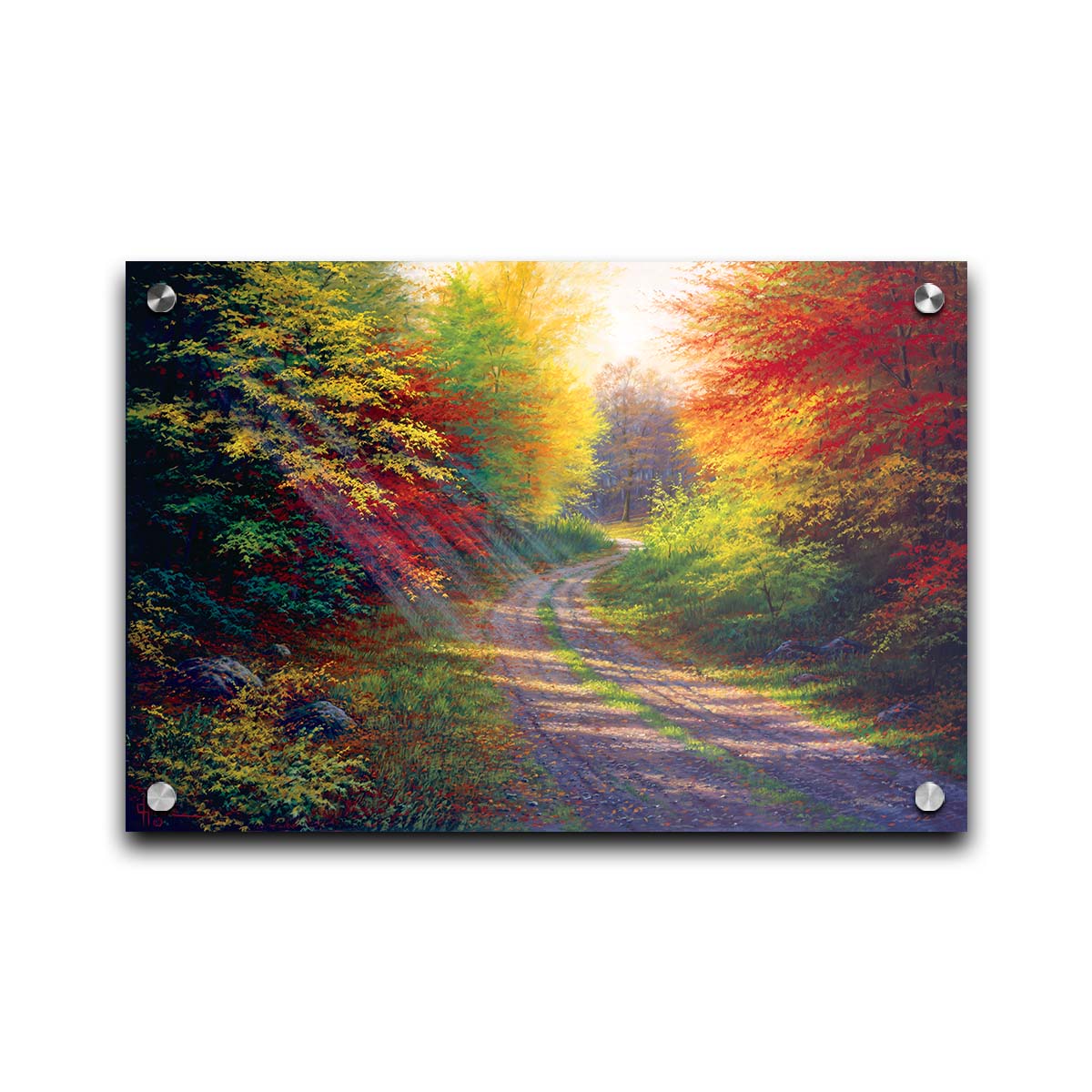 A landscape painting of a gravel road winding thorugh an autumn forest with a mix of vibrant red, yellow, and green leaves. Printed on acrylic.