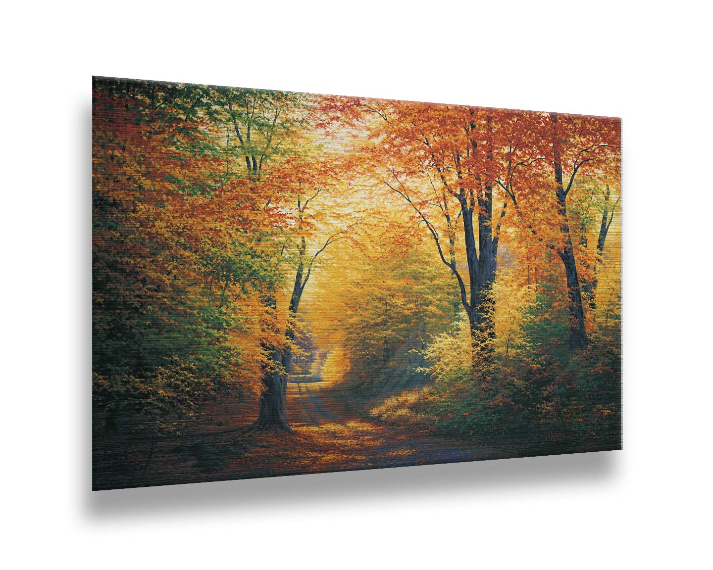 A painting of a path through an autumn forest, with sunlight highlighting the golden yellow and orange leaves of the trees. Printed on metal.