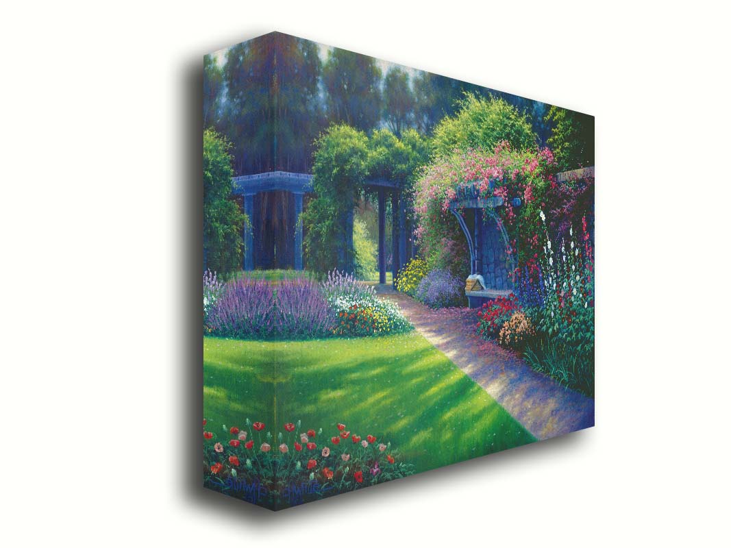 A painting of the Hatley Park Garden at Royal Roads University, overlooking a path surrouded by flowering plants. A bench with a picnic basket sits on the path against a stone wall. Printed on canvas.