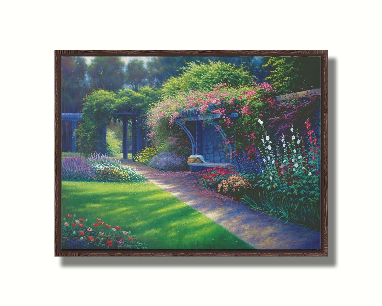 A painting of the Hatley Park Garden at Royal Roads University, overlooking a path surrouded by flowering plants. A bench with a picnic basket sits on the path against a stone wall. Printed on canvas in a float frame.